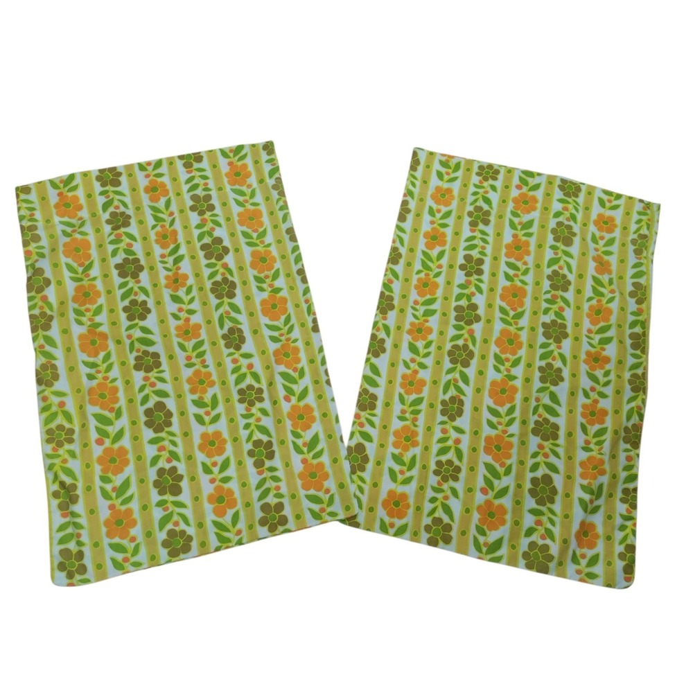 Vintage Cannon Royal Family Featherlite Floral Stripe Pillowcase Set 70s Retro